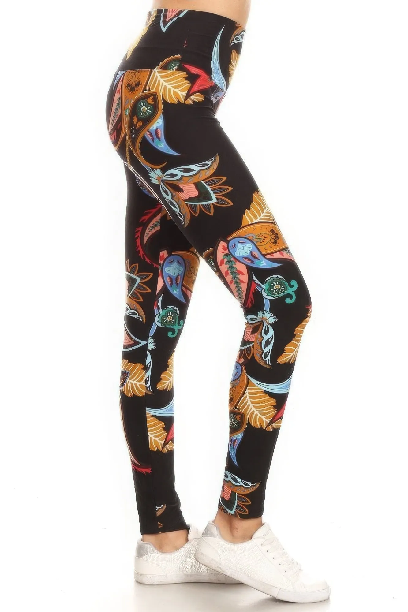 5-inch Long Yoga Style Banded Lined Paisley Floral Printed Knit Legging With High Waist