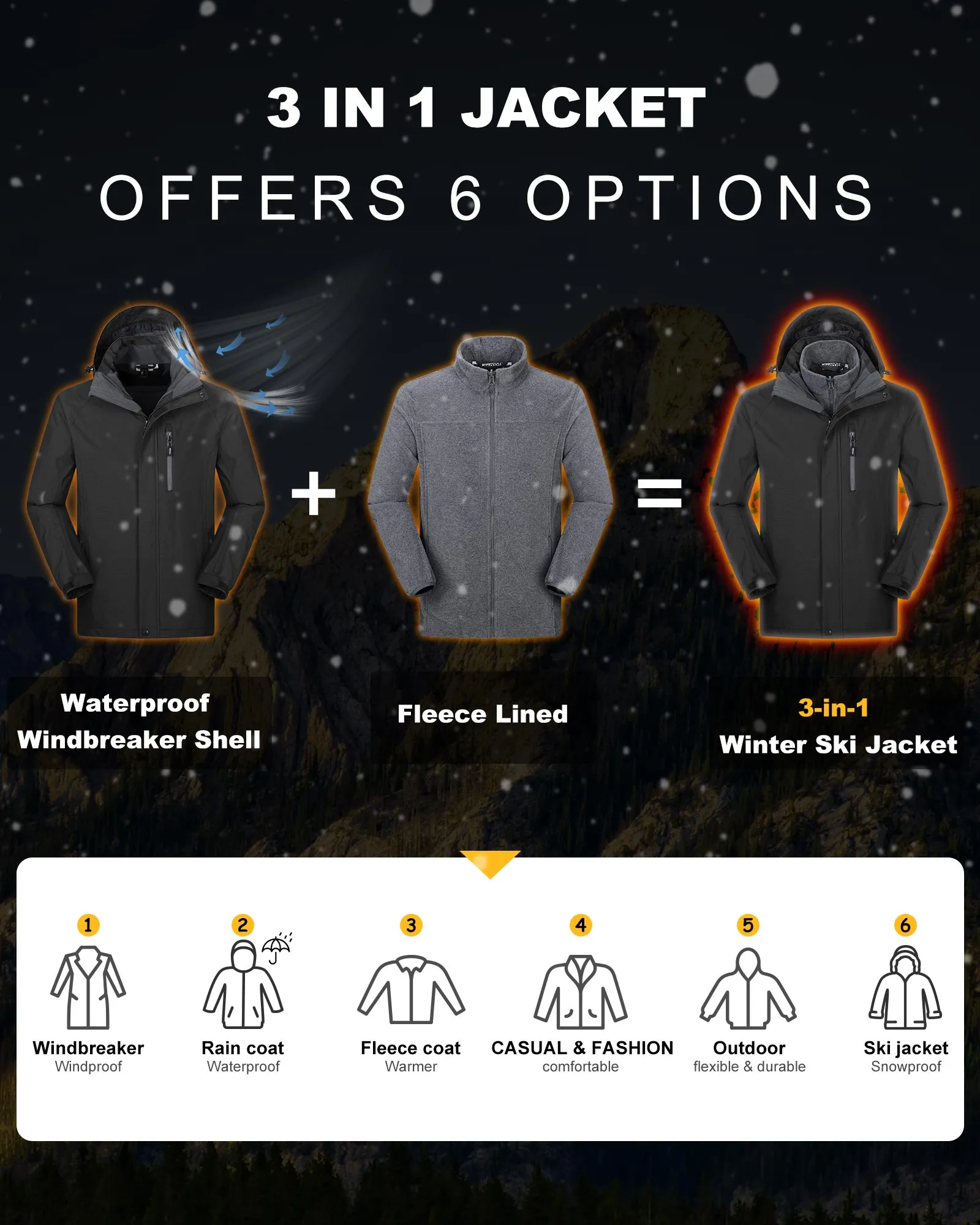 5000 Index 5000 Level Breathable Men's 3 in 1 Ski Jakcets with Fleece Jackets and 8 Multi Pockets