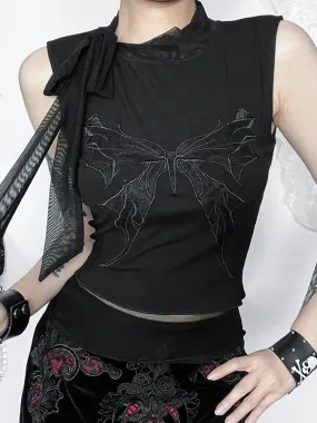 AltGoth Aesthetic Y2K Dark Gothic Butterfly Printed Lace-up Fairycore Indie Grunge Streetwear Crop Top