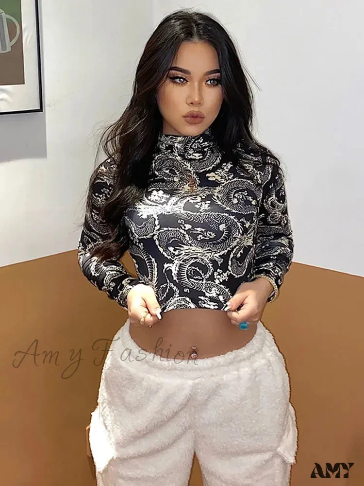 AMY FASHION - Dragon Printed High Collar Slim T-shirt Crop Top