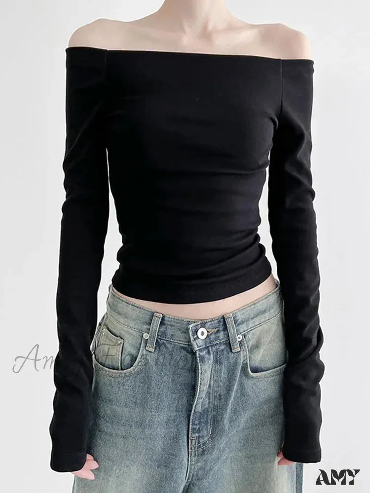 AMY FASHION - Elegant Slim Sexy Cropped Black Long Sleeve Korean Fall Crop Top