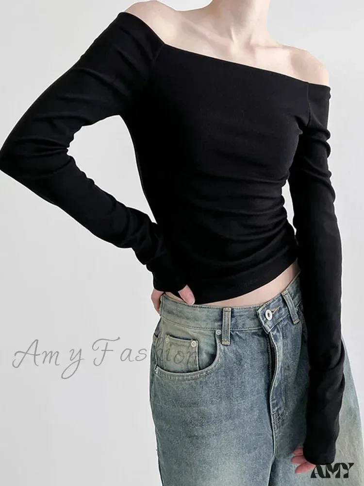 AMY FASHION - Elegant Slim Sexy Cropped Black Long Sleeve Korean Fall Crop Top