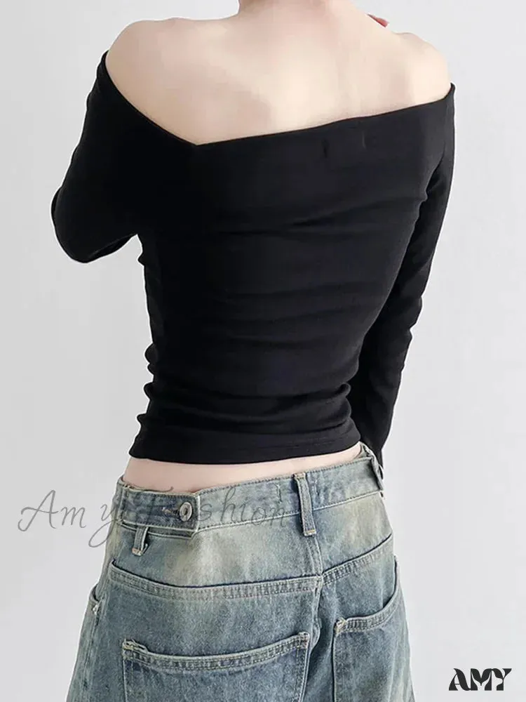 AMY FASHION - Elegant Slim Sexy Cropped Black Long Sleeve Korean Fall Crop Top