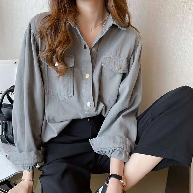 Blouses Shirts Women Spring Pockets Long Sleeve Fashion Solid Korean