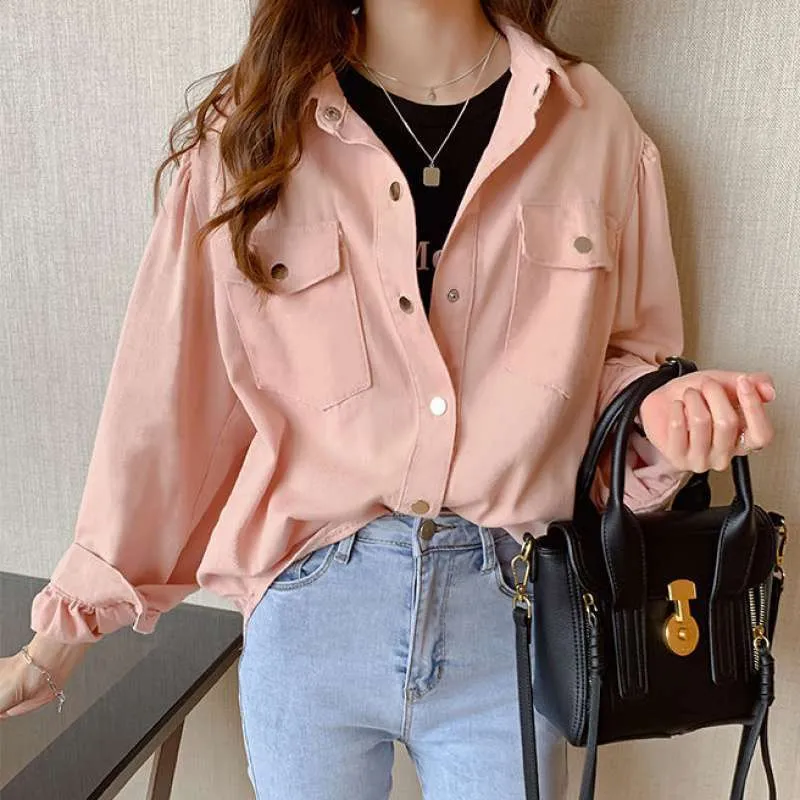 Blouses Shirts Women Spring Pockets Long Sleeve Fashion Solid Korean