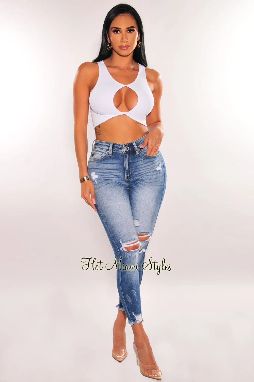 Blue Denim High Waisted Ripped Ankle Jeans