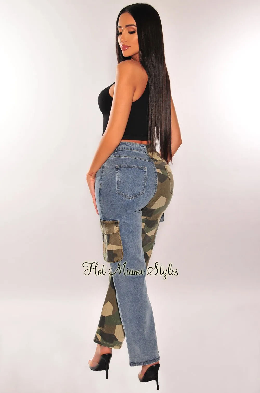 Camo Denim Two Tone Cargo Pocket Wide Leg Jeans