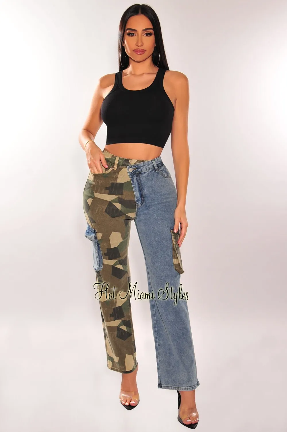 Camo Denim Two Tone Cargo Pocket Wide Leg Jeans