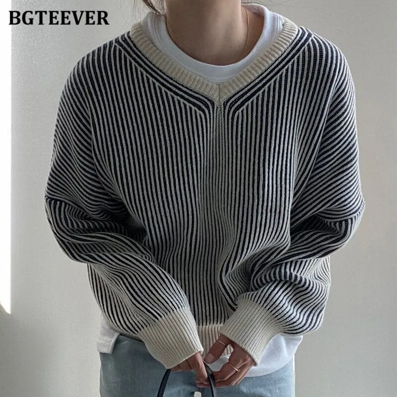 Christmas Gift Joskaa Casual V-neck Loose Women Knitted Pullovers 2024 Autumn Winter Thicken Warm Full Sleeve Ladies Striped Sweaters Jumpers