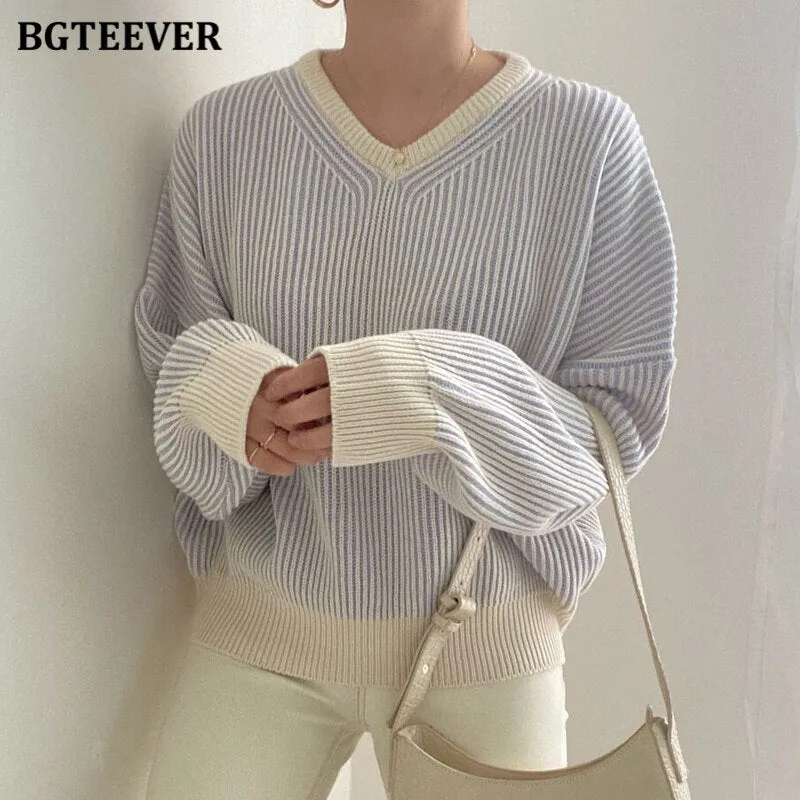 Christmas Gift Joskaa Casual V-neck Loose Women Knitted Pullovers 2024 Autumn Winter Thicken Warm Full Sleeve Ladies Striped Sweaters Jumpers