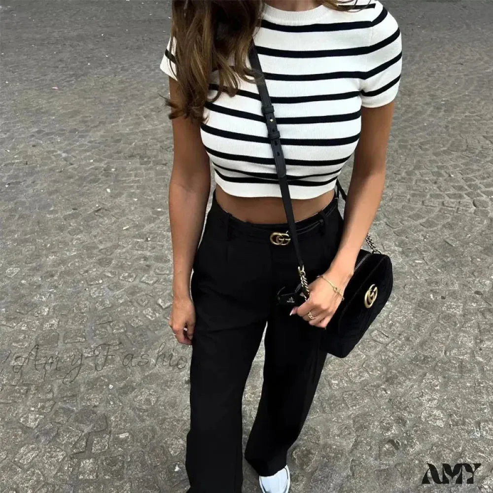 Crop Knit Striped Autumn Winter Short Sleeve Crop Top