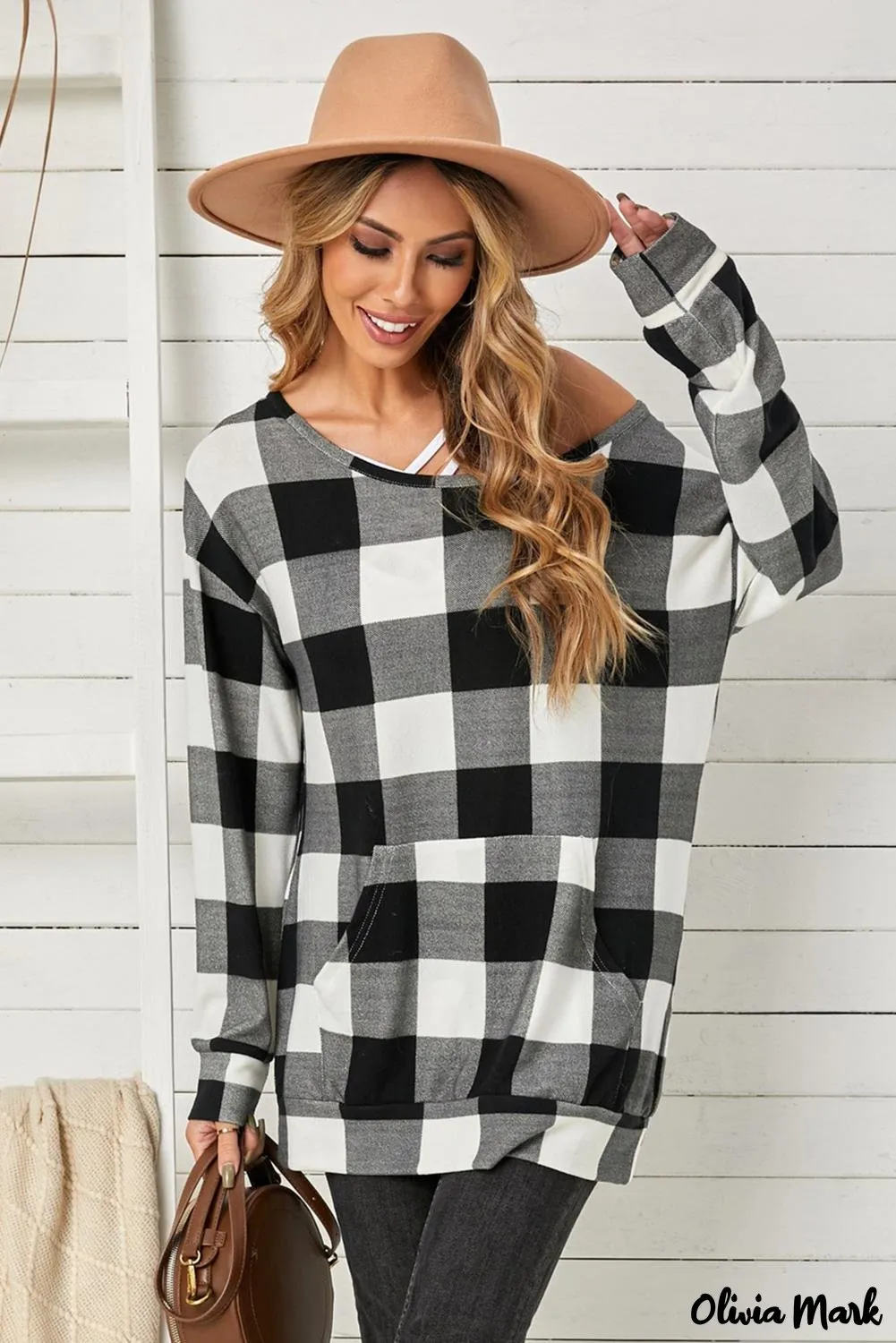 Deanwangkt - Plaid Kangaroo Pocket Long Sleeve Blouse