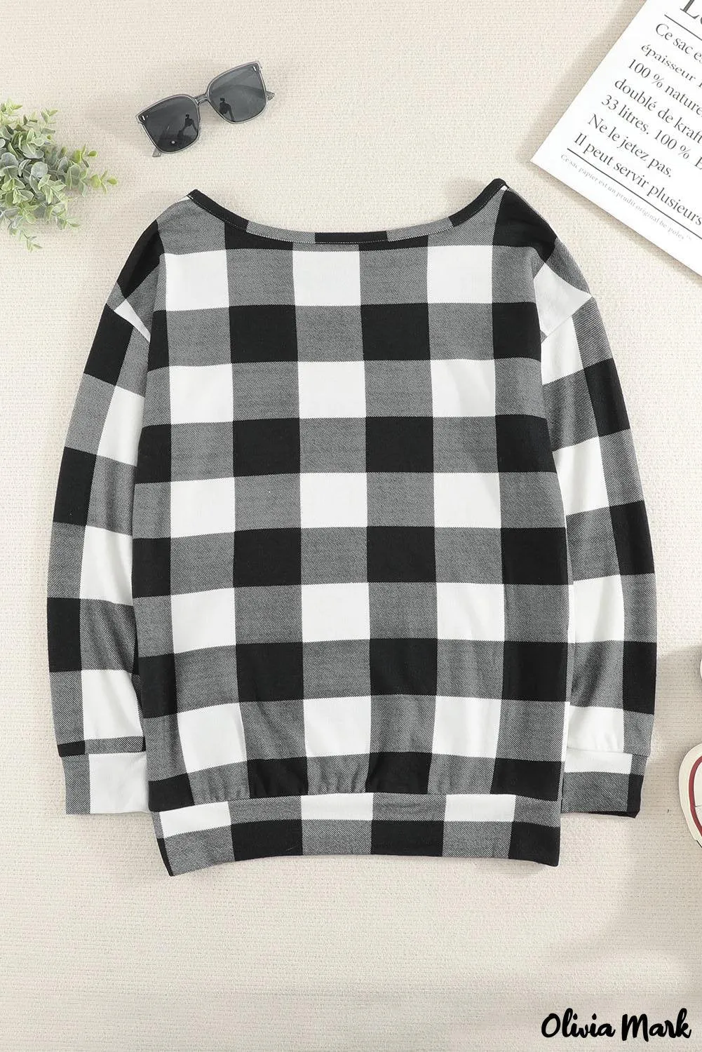 Deanwangkt - Plaid Kangaroo Pocket Long Sleeve Blouse