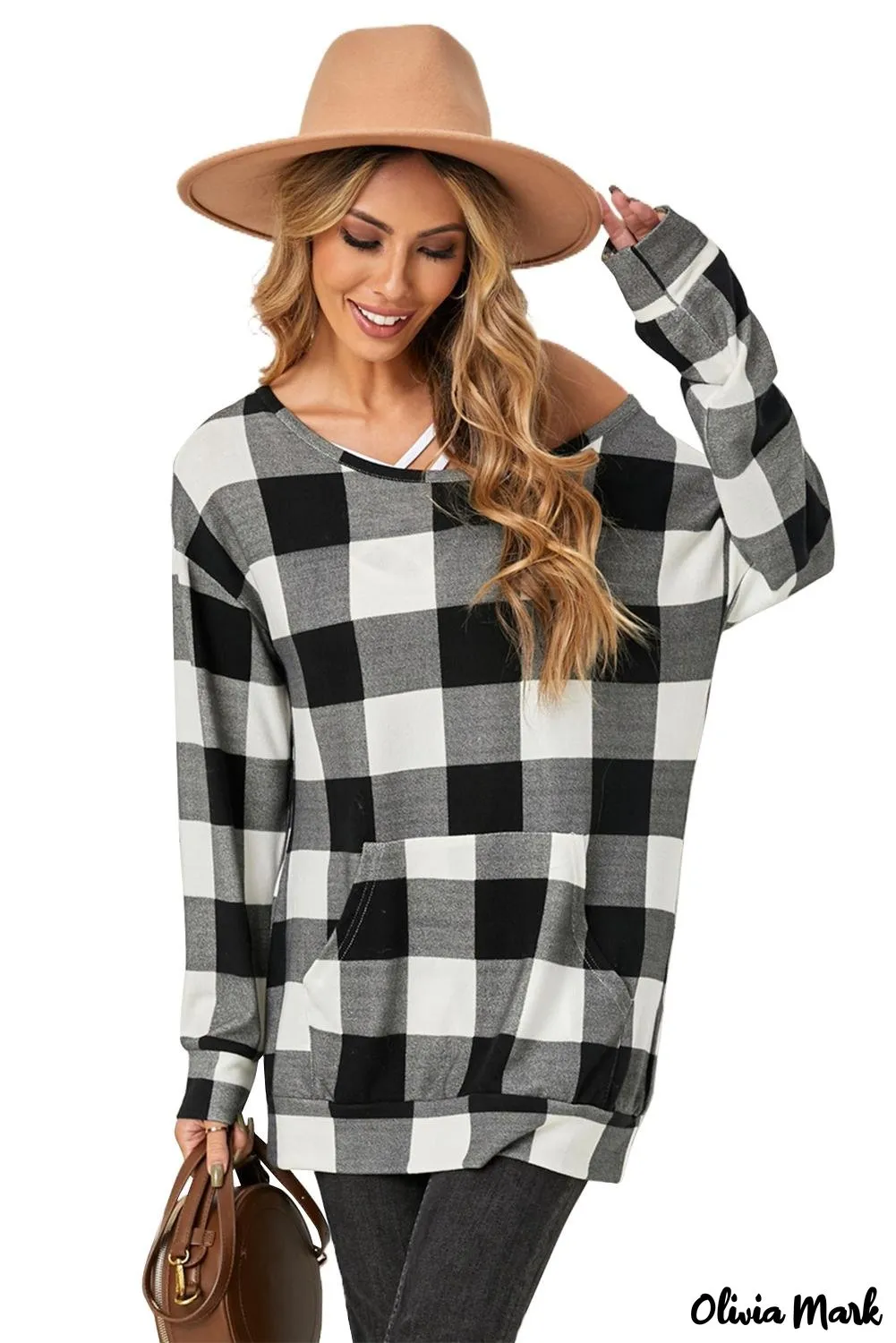 Deanwangkt - Plaid Kangaroo Pocket Long Sleeve Blouse