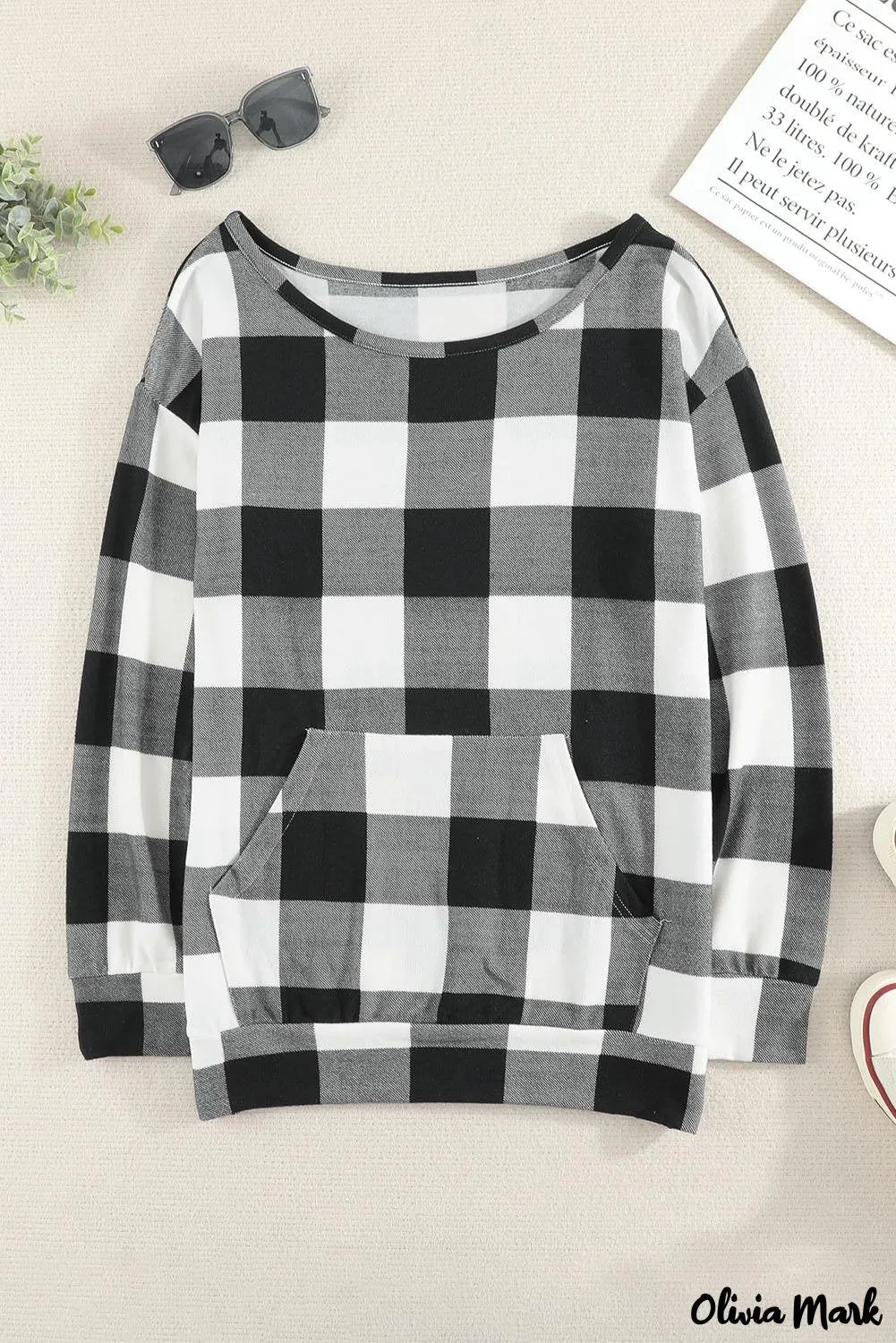 Deanwangkt - Plaid Kangaroo Pocket Long Sleeve Blouse