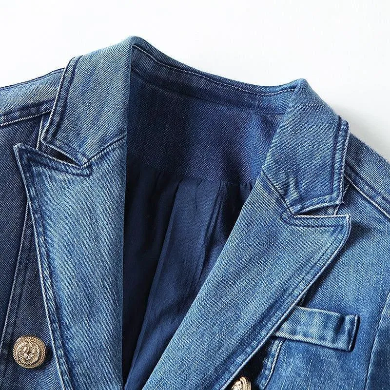 Denim Metal Lion Buttons Double Breasted Blazer Jacket