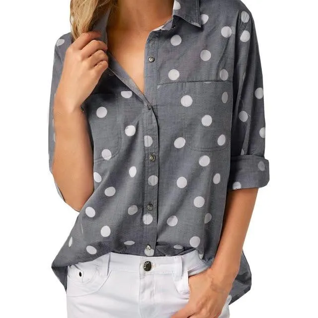 Dot Print Gray Casual Long Sleeve Blouses