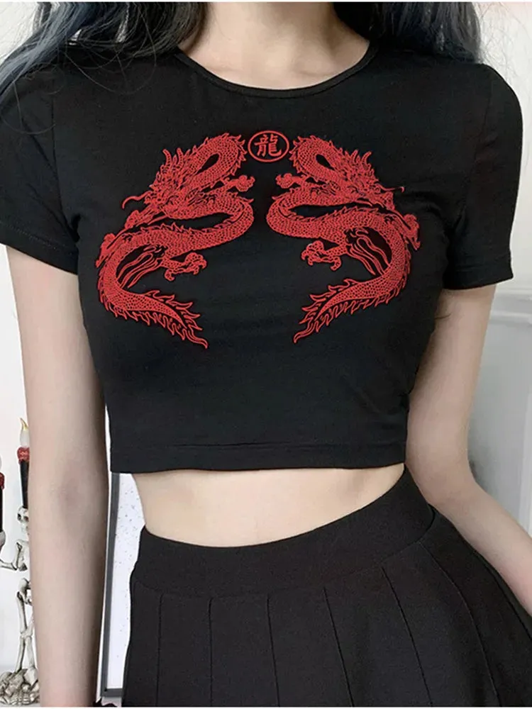 Dragon Print Crop Top - Short Sleeve Fashion