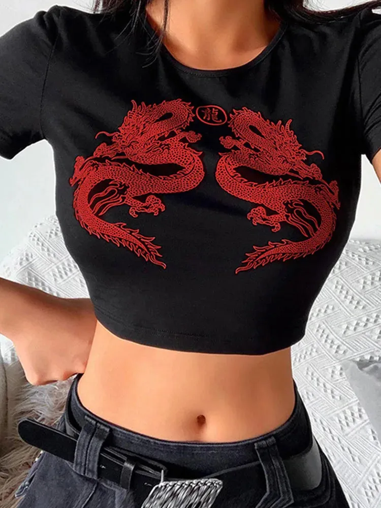 Dragon Print Crop Top - Short Sleeve Fashion