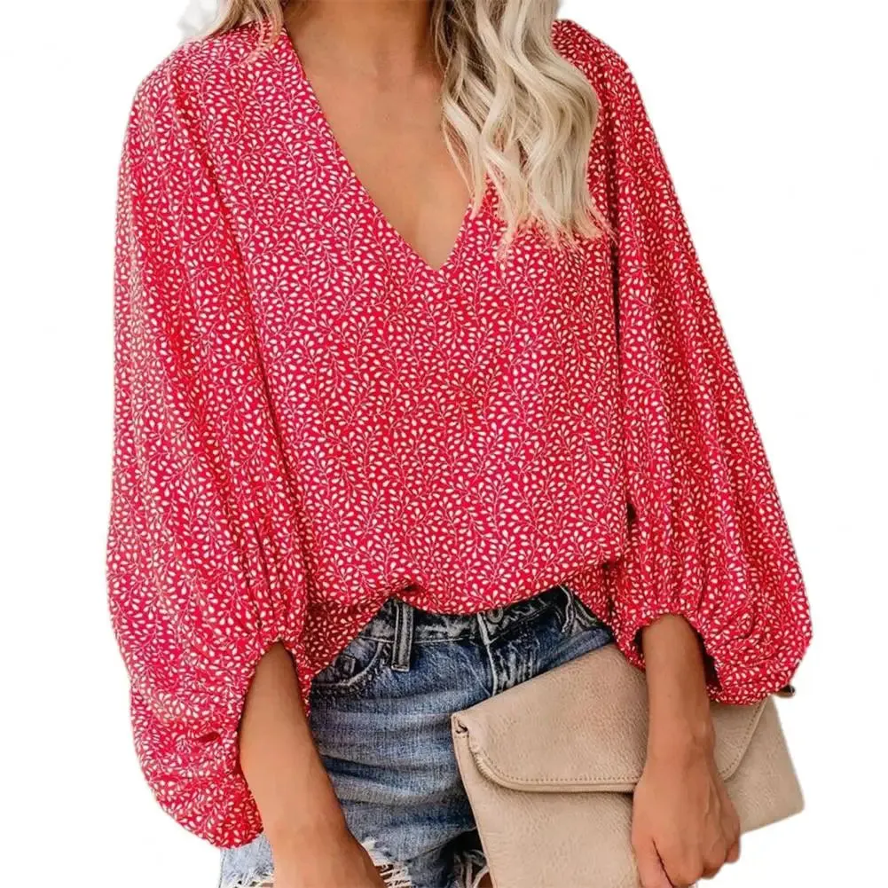 Fashion Women Blouse V Neck Long Lantern Sleeve Loose Office Blouse