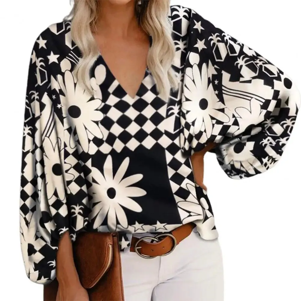 Fashion Women Blouse V Neck Long Lantern Sleeve Loose Office Blouse