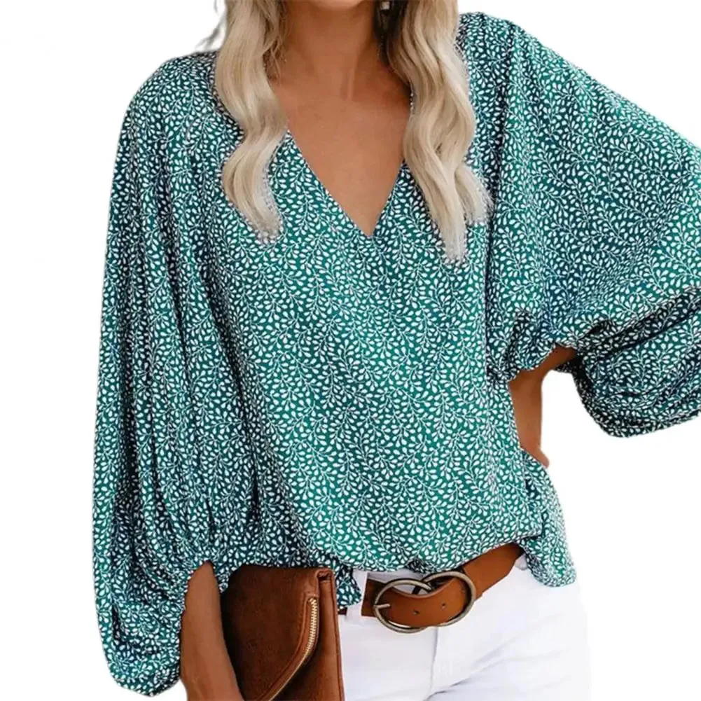 Fashion Women Blouse V Neck Long Lantern Sleeve Loose Office Blouse