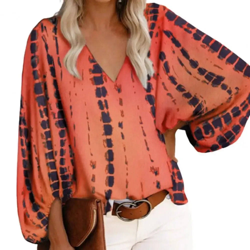 Fashion Women Blouse V Neck Long Lantern Sleeve Loose Office Blouse