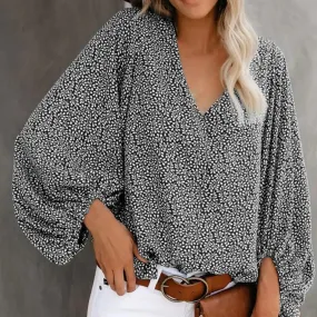 Fashion Women Blouse V Neck Long Lantern Sleeve Loose Office Blouse