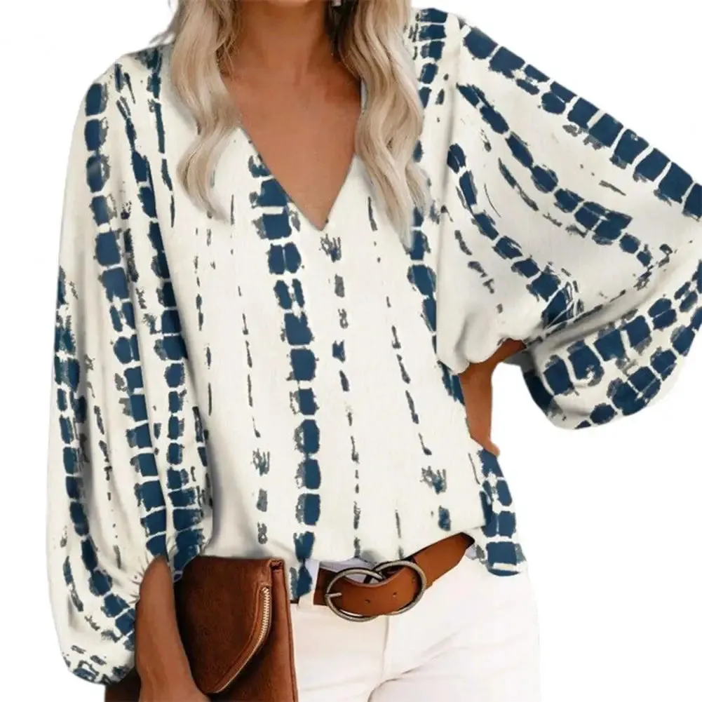 Fashion Women Blouse V Neck Long Lantern Sleeve Loose Office Blouse