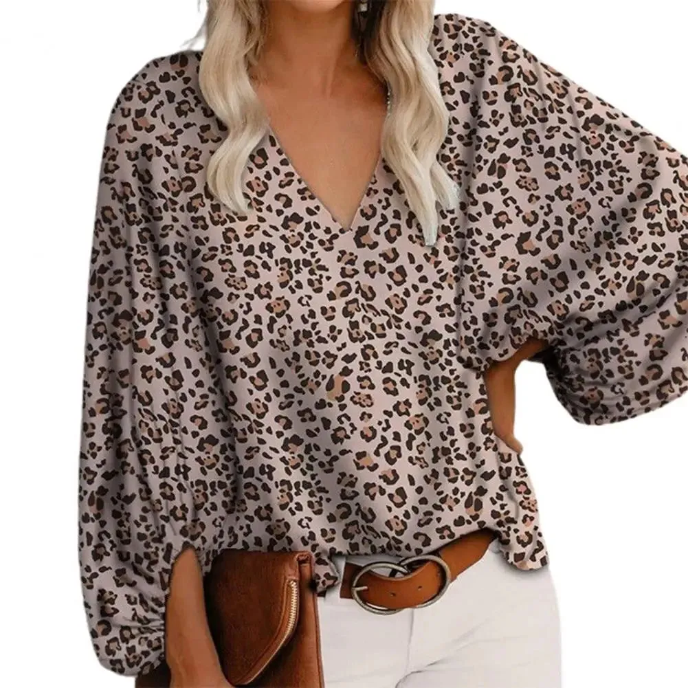 Fashion Women Blouse V Neck Long Lantern Sleeve Loose Office Blouse