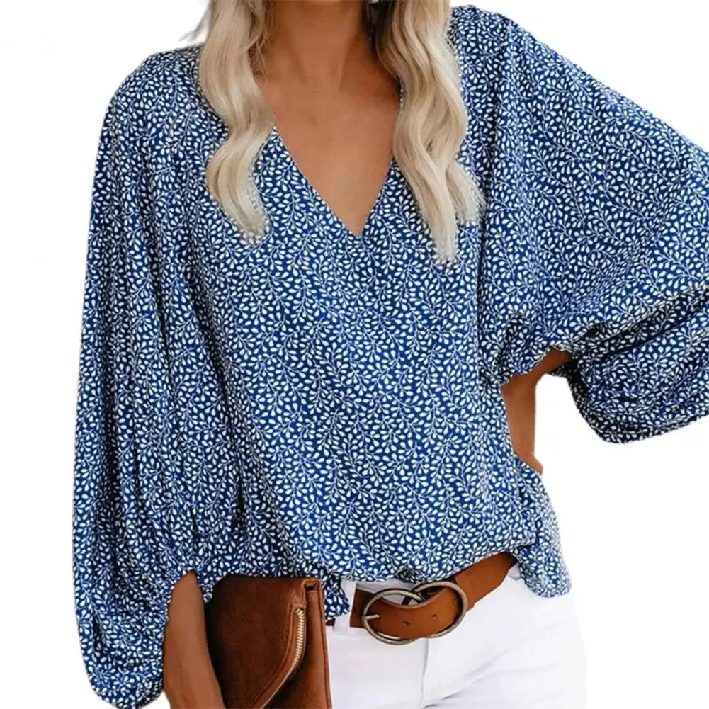 Fashion Women Blouse V Neck Long Lantern Sleeve Loose Office Blouse