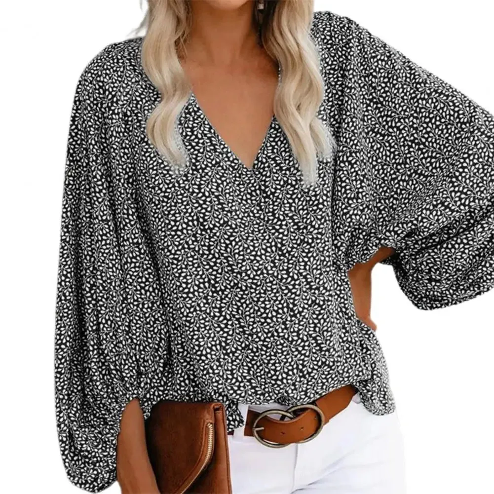 Fashion Women Blouse V Neck Long Lantern Sleeve Loose Office Blouse