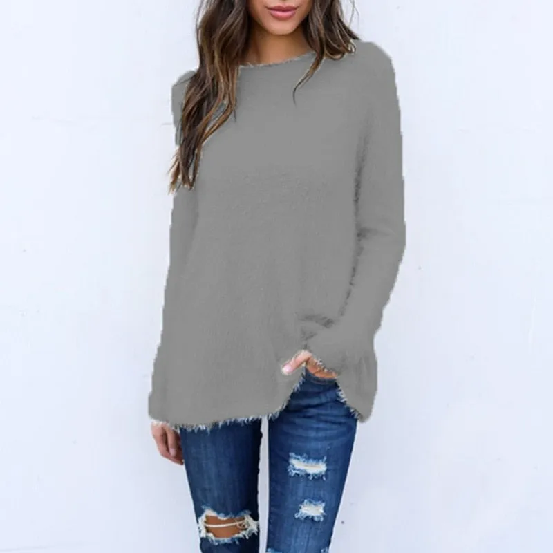 Fashionkova  Women Knitted Tops Sweaters White Round Neck Long Sleeves Solid Pullover Tunic Loose Wool Knitwear Sweaters Tee Shirts