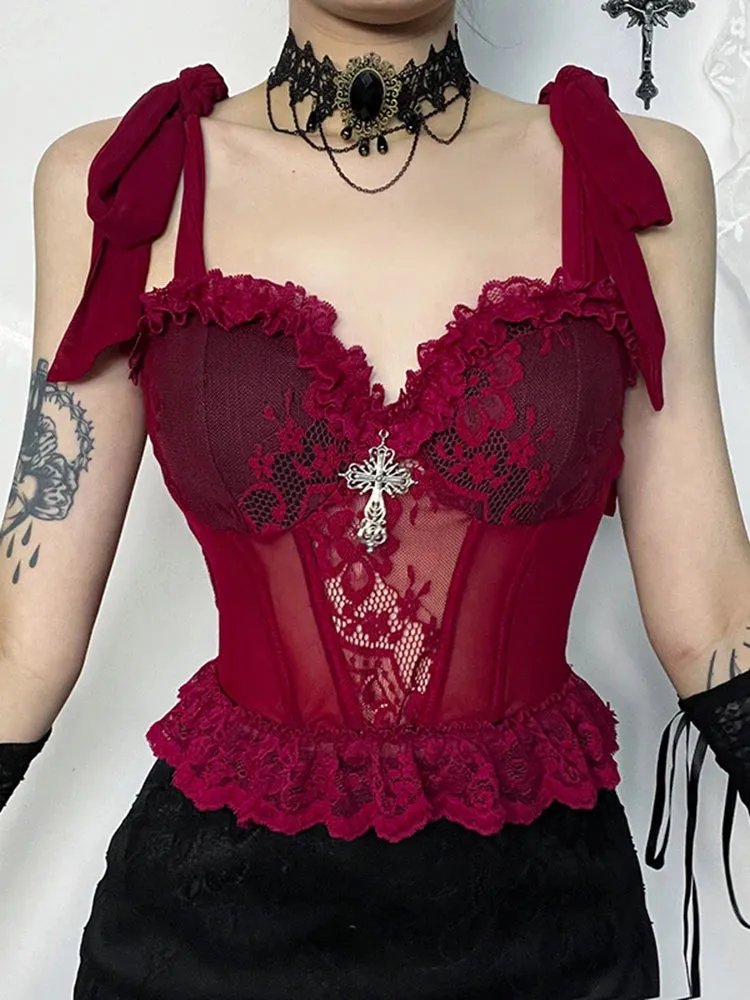 Gothic Floral Lace Mesh Adjustable Strap Sleeveless Crop Top