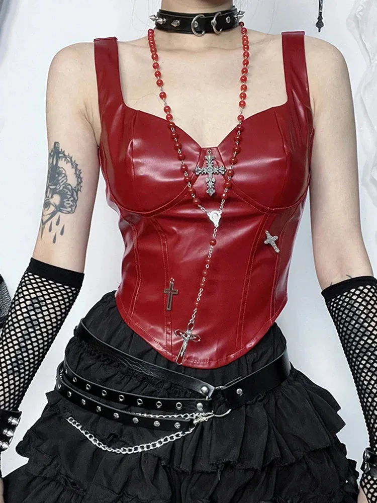 Gothic Grunge Cross Leather Corset Crop Top