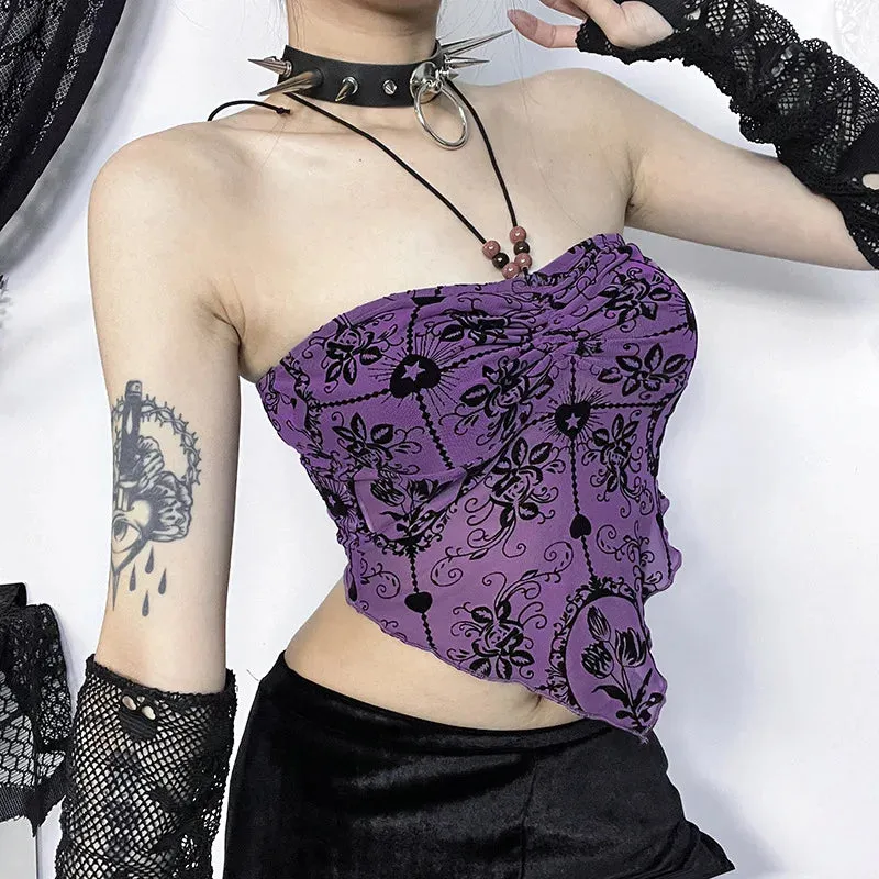 Gothic Irregular Bandeau Halterneck Flocked Backless Crop Top