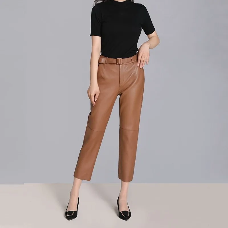 High-waisted leather pants