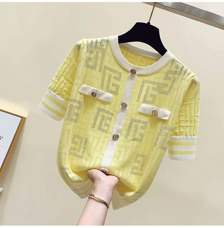 Ice Slik Thin Knitted Women Pullovers Summer Hollow Out Short Sleeve O-neck Buttons Knitwear Sweaters Elegant Fashion Chic Tops XL S4843228