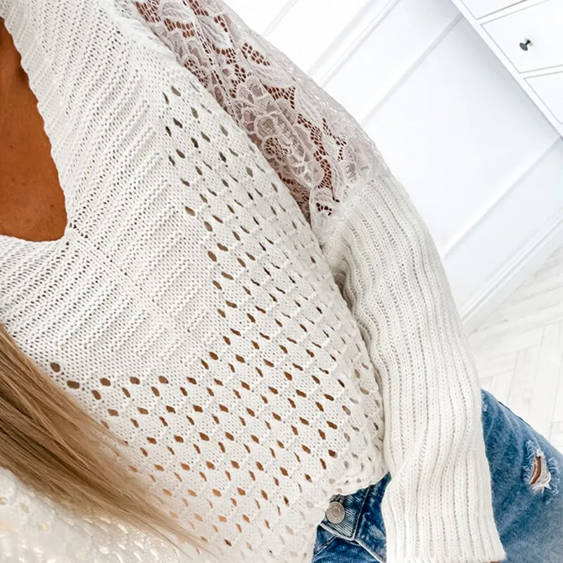 Jacquard Crochet Embroidery Lace Tops Pullover