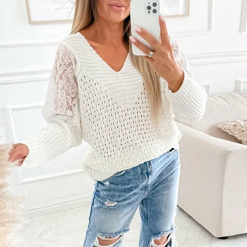 Jacquard Crochet Embroidery Lace Tops Pullover