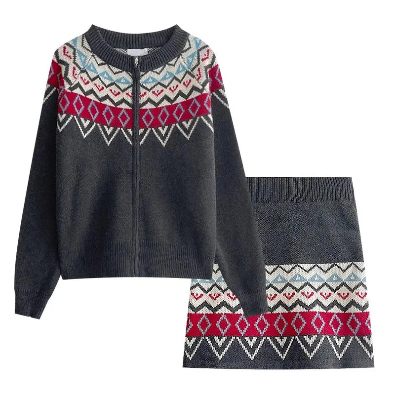 jacquard round neck long-sleeved sweater jacket   knitted skirt two-piece set     S4746