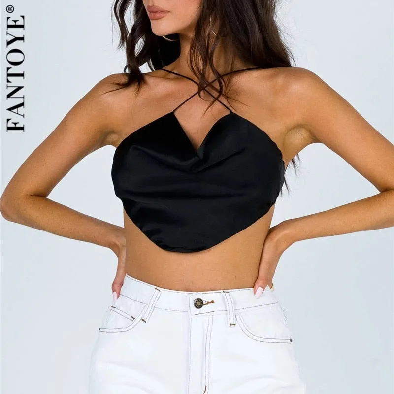 Joskaa FANTOYE Stain Sexy Bandage Irregular Camis For Women Summer Backless Black Skinny Crop Tops Casual New Solid Nightclub Tank Tops