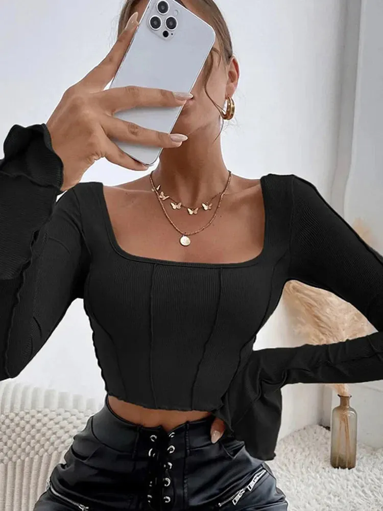 Knitted Black Backless Sexy Streetwear Basic Crop Top