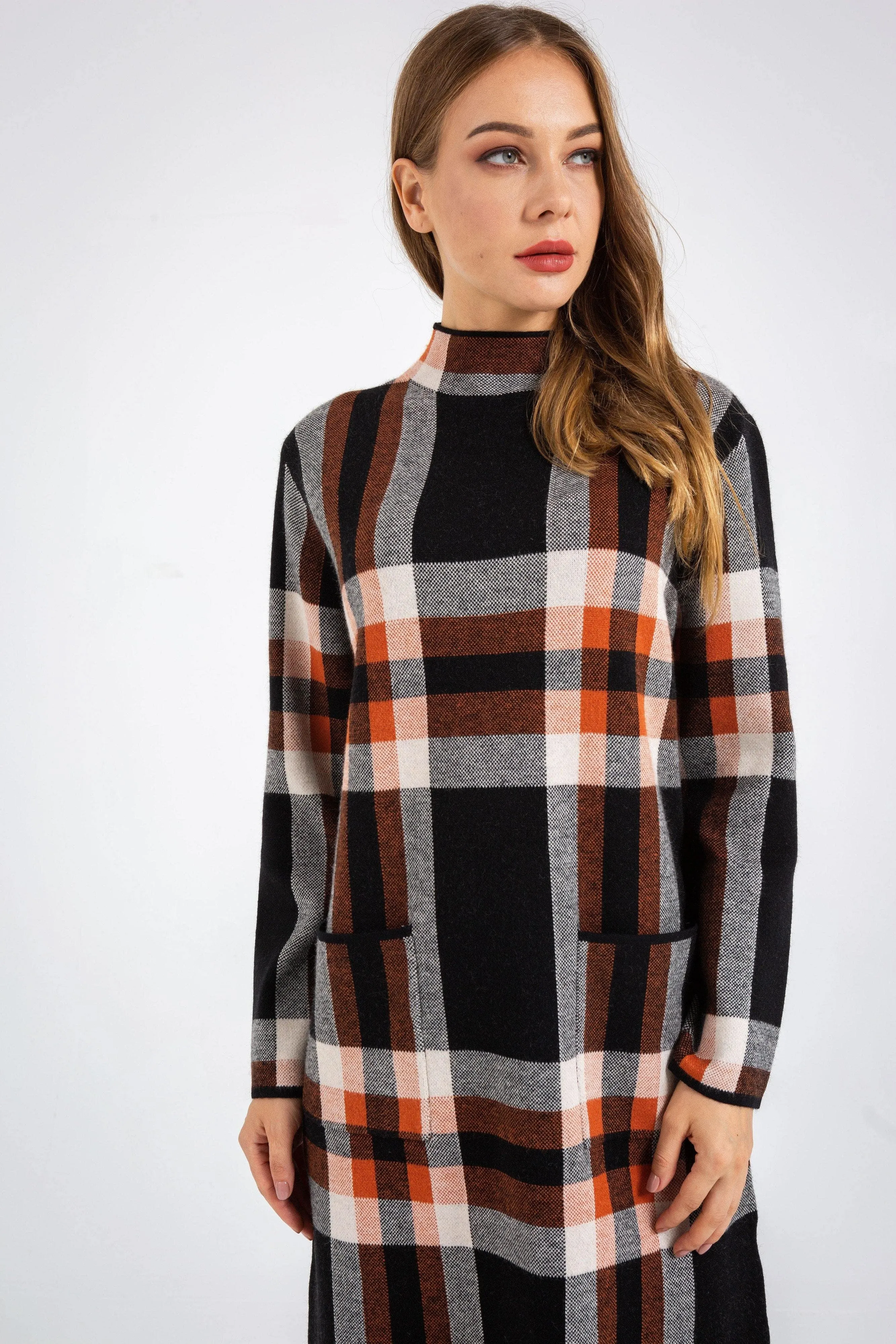 Long Sleeve Turtleneck Plaid Pullover Sweater Dress