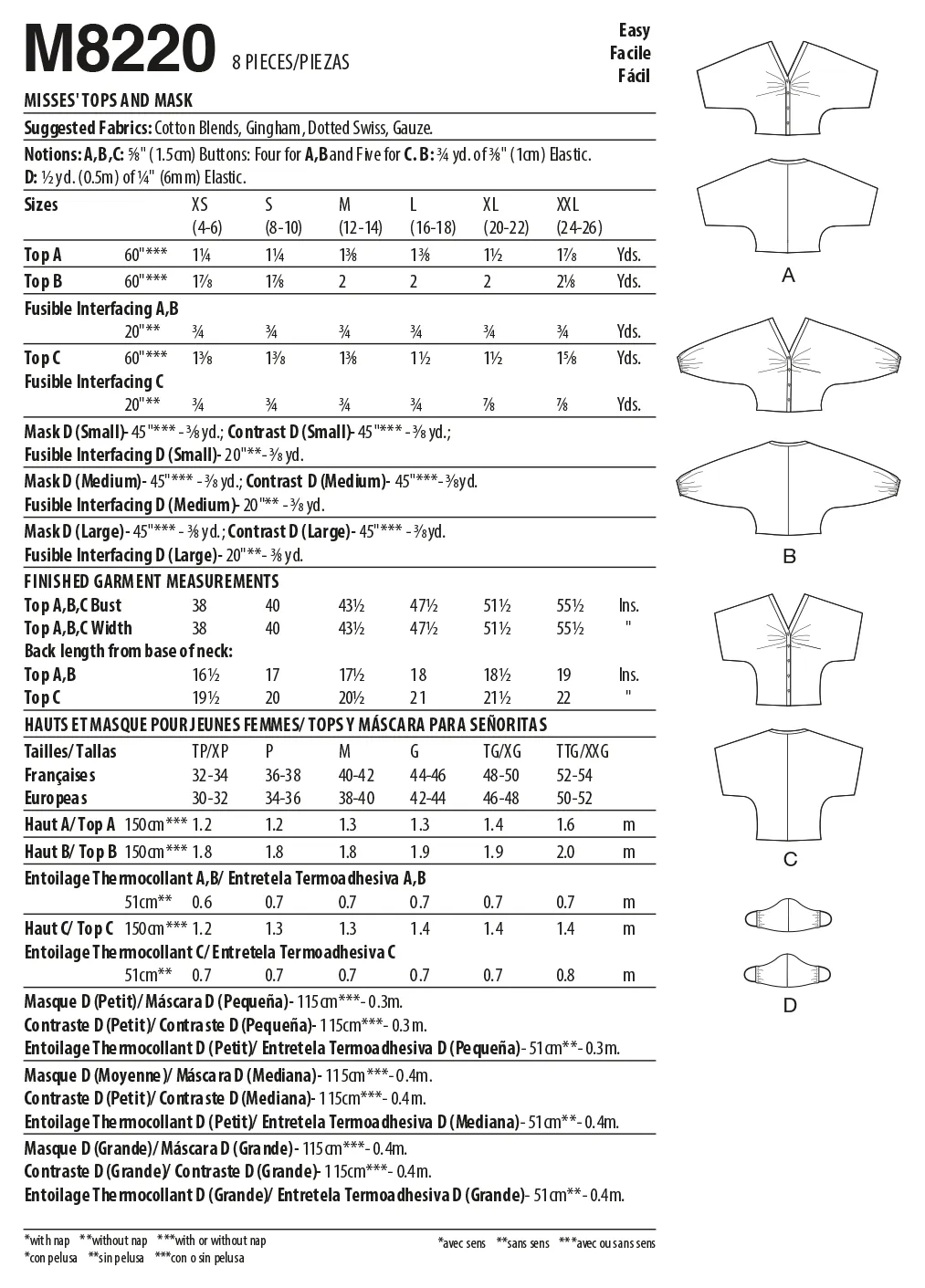 McCall's Pattern M8220 Misses' Tops & Mask