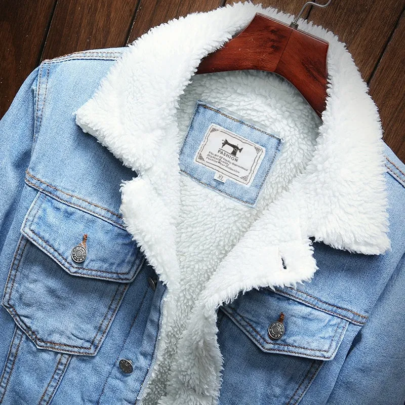 Men Light Blue Winter Jean Jackets Outerwear Warm Denim Coats