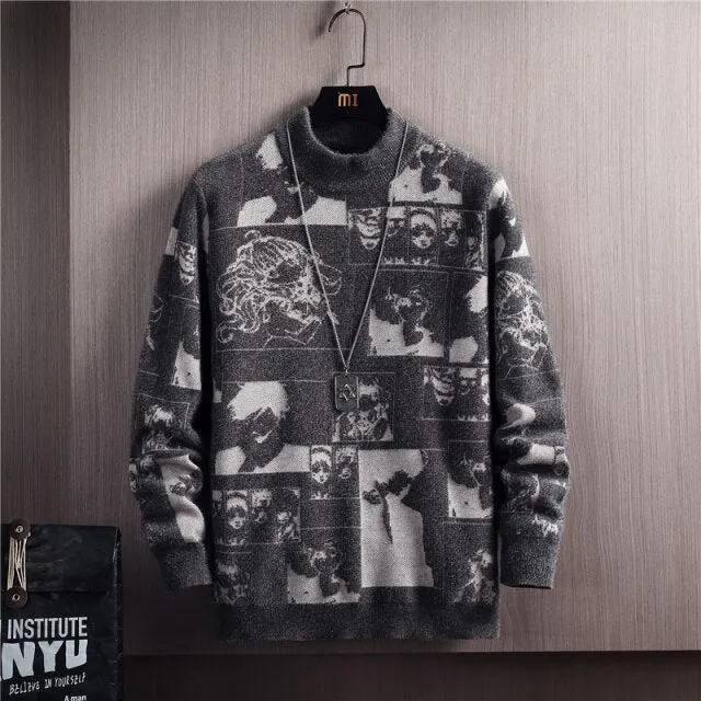 Men Long Sleeve Cartoon Pattern Sweater