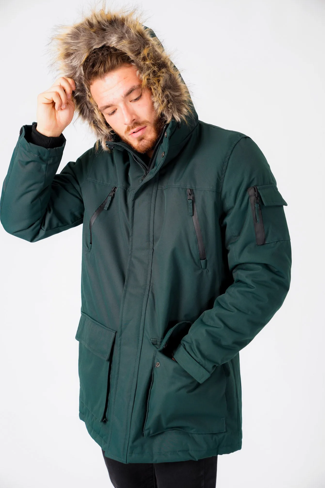 Nolte Utility Parka Coat with Borg Lined Faux Fur Trim Hood in Scarab Green - Tokyo Laundry