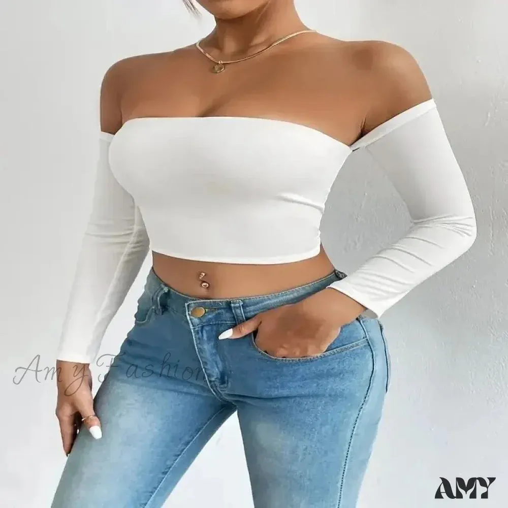 Off Shoulder Long Sleeve Casual Spring Fall Women's Crop Top