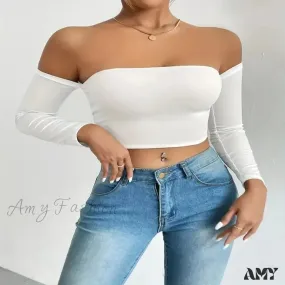 Off Shoulder Long Sleeve Casual Spring Fall Women's Crop Top